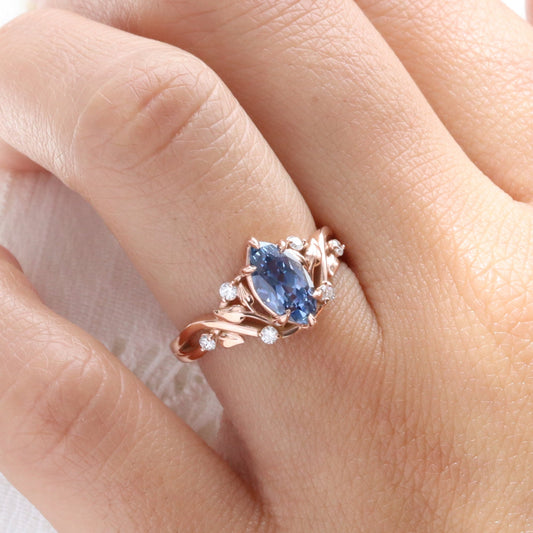 2.12 Ct Marquise Teal Blue Sapphire Ring in 14k Rose Gold Floral Leaf Diamond Size 6.75