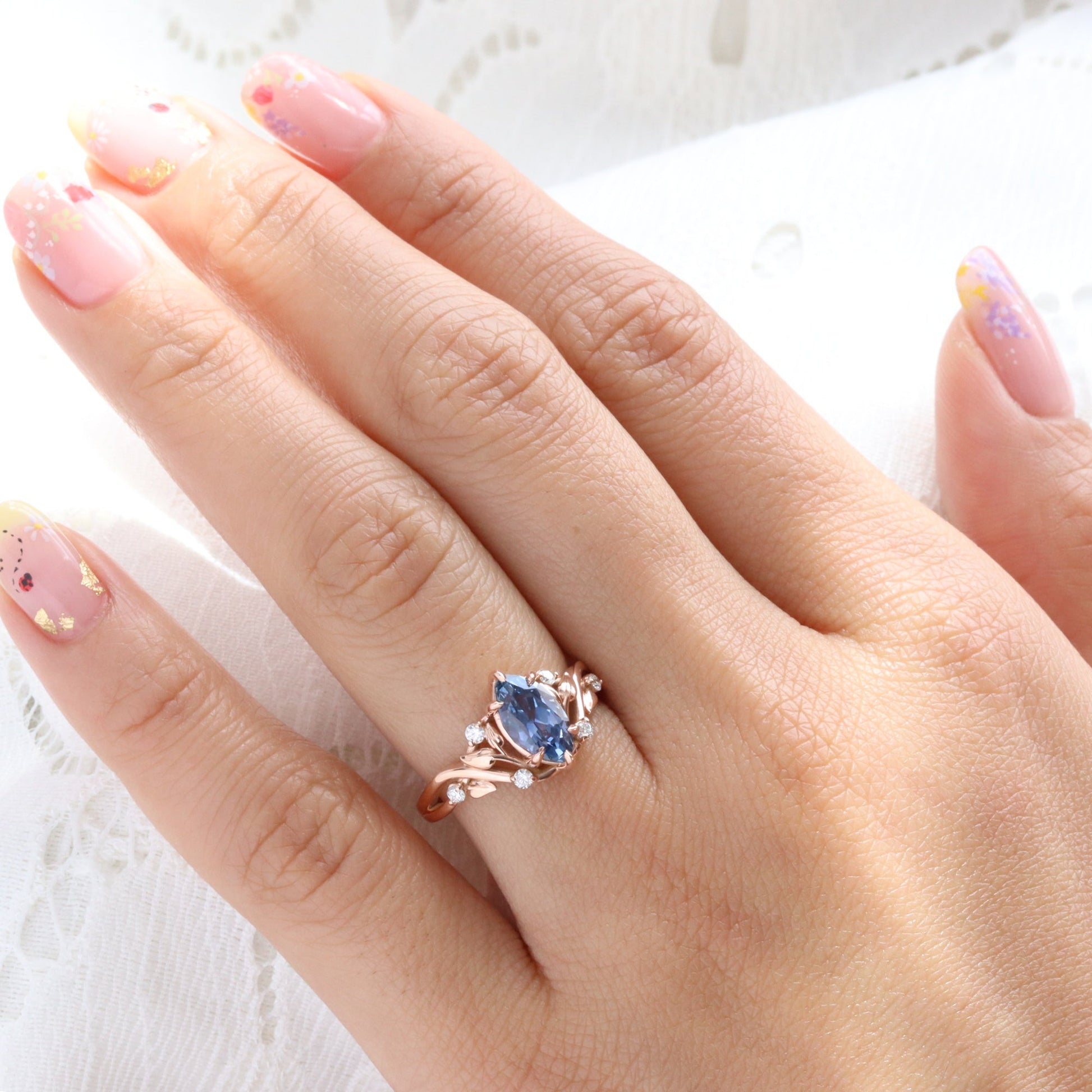 2.12 Ct Marquise Teal Blue Sapphire Ring in 14k Rose Gold Floral Leaf Diamond Size 6.75