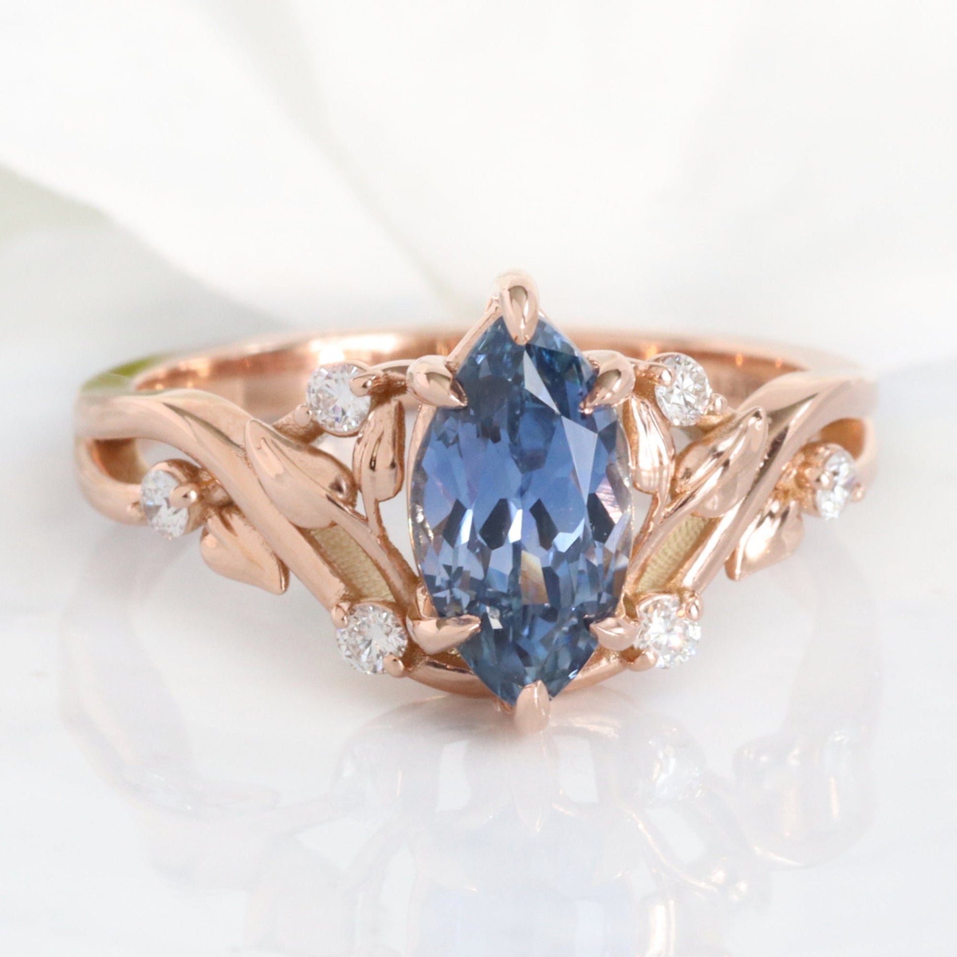2.12 Ct Marquise Teal Blue Sapphire Ring in 14k Rose Gold Floral Leaf Diamond Size 6.75