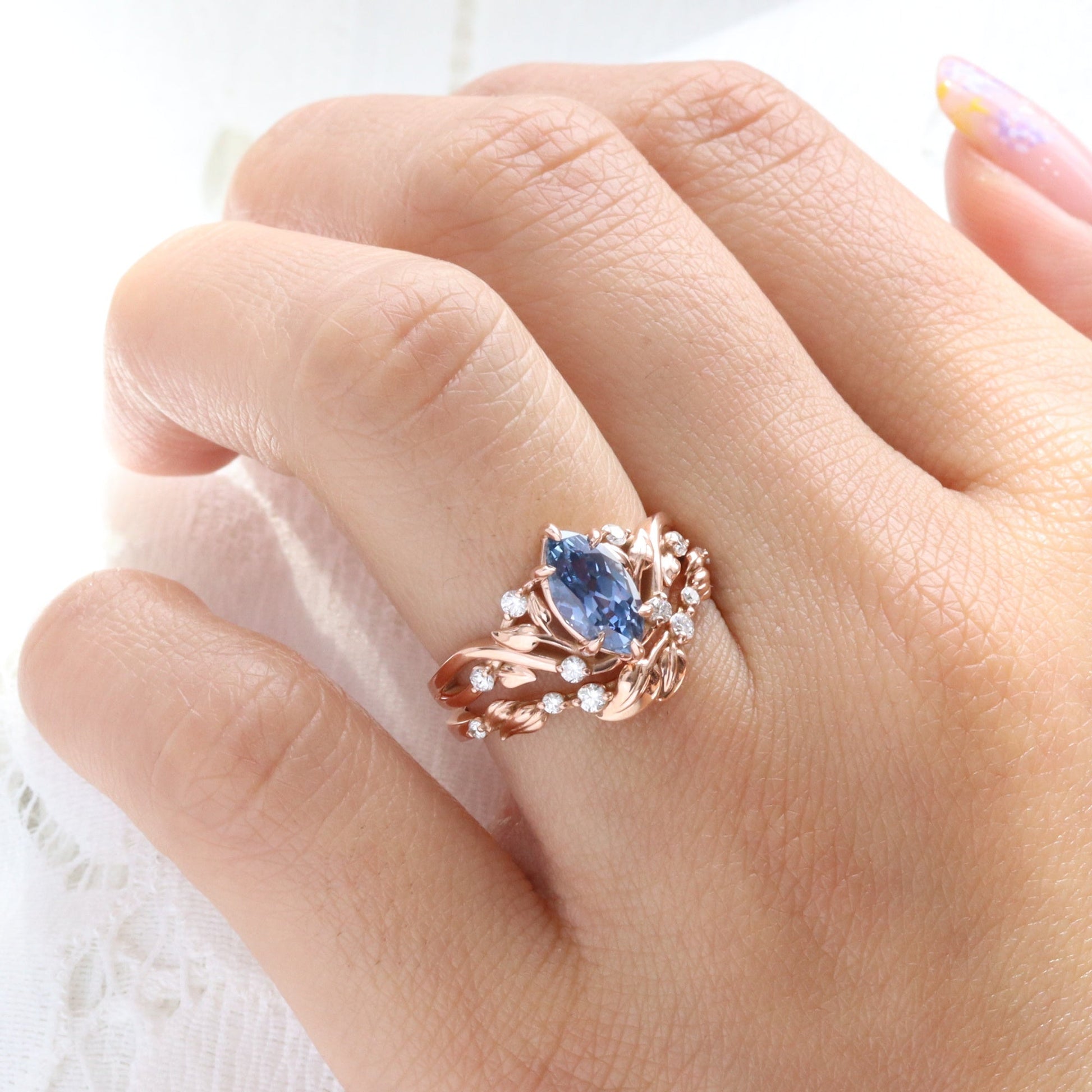 2.12 Ct Marquise Teal Blue Sapphire Ring in 14k Rose Gold Floral Leaf Diamond Size 6.75