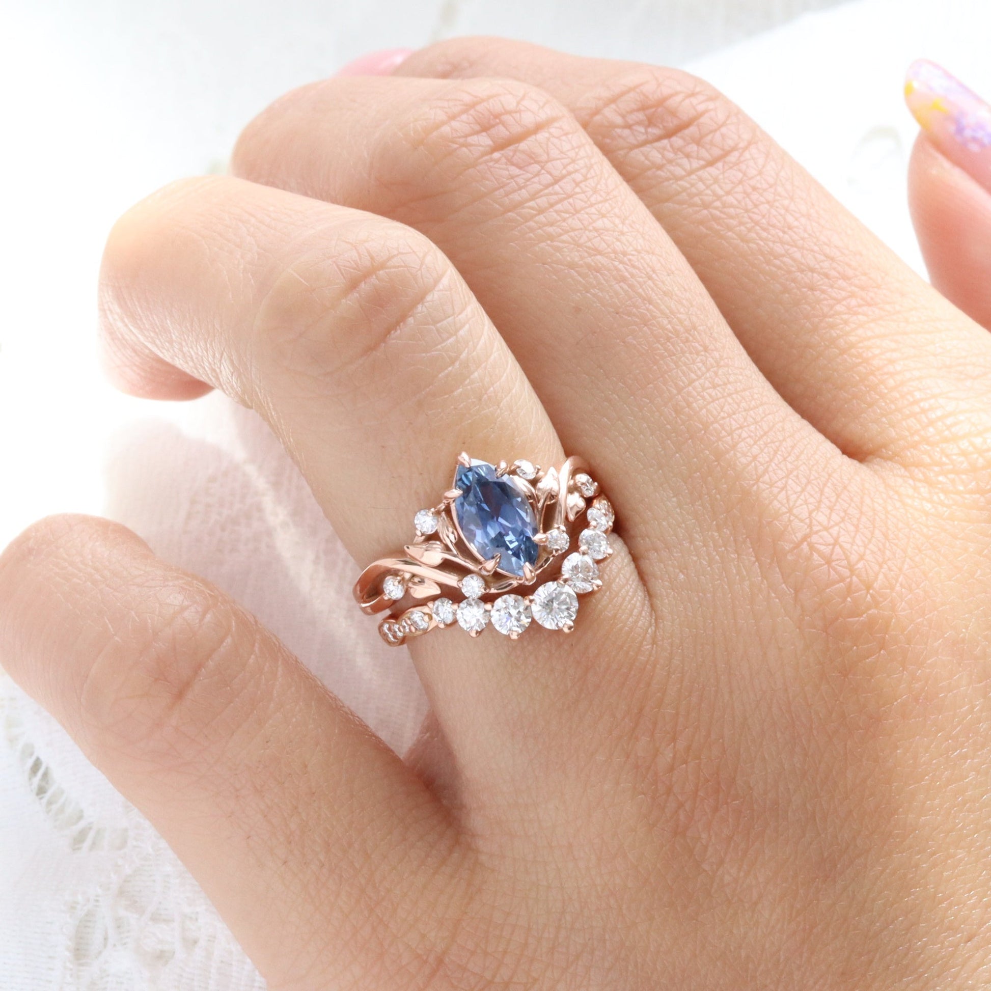 2.12 Ct Marquise Teal Blue Sapphire Ring in 14k Rose Gold Floral Leaf Diamond Size 6.75