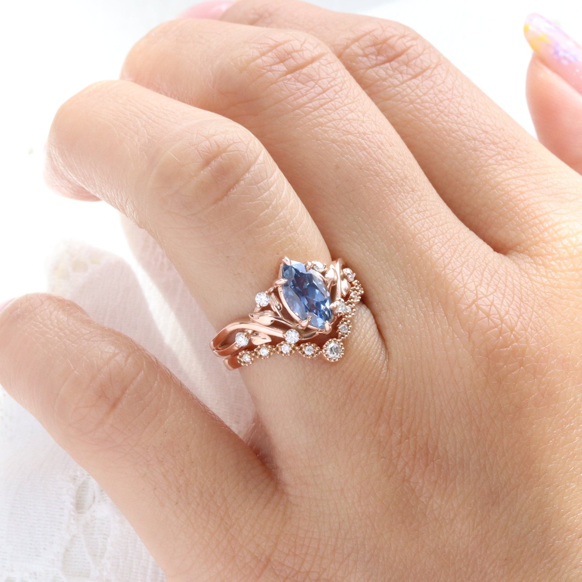 2.12 Ct Marquise Teal Blue Sapphire Ring in 14k Rose Gold Floral Leaf Diamond Size 6.75