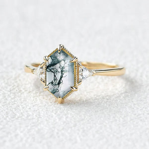 1.5ct Geometric Moss Agate Three-stone Vintage Ring