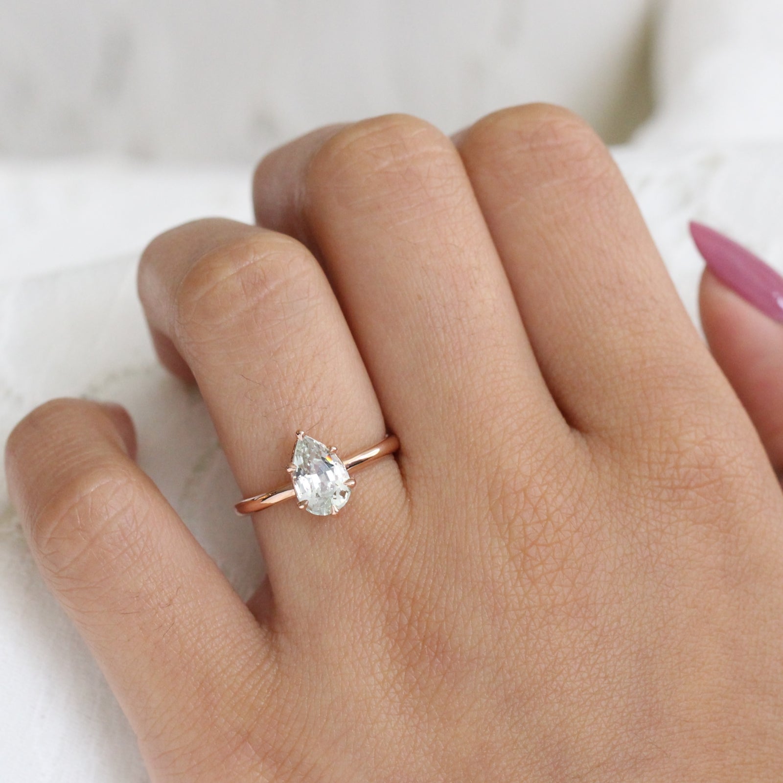 Pear Sea Foam Green Sapphire Ring in 14k Rose Gold Low Profile Solitaire Ring, Size 6.25