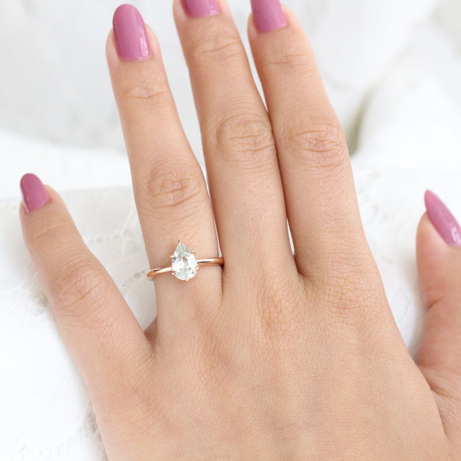 Pear Sea Foam Green Sapphire Ring in 14k Rose Gold Low Profile Solitaire Ring, Size 6.25