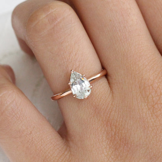 Pear Sea Foam Green Sapphire Ring in 14k Rose Gold Low Profile Solitaire Ring, Size 6.25