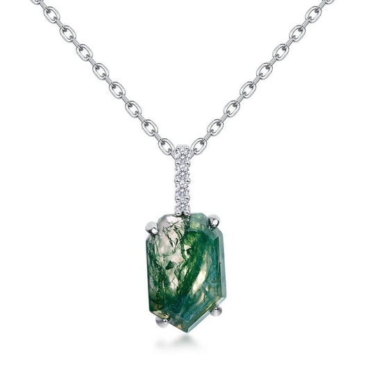 Coffin Cut Natural Moss Agate Column Pendant Necklace - S925 Sterling Silver