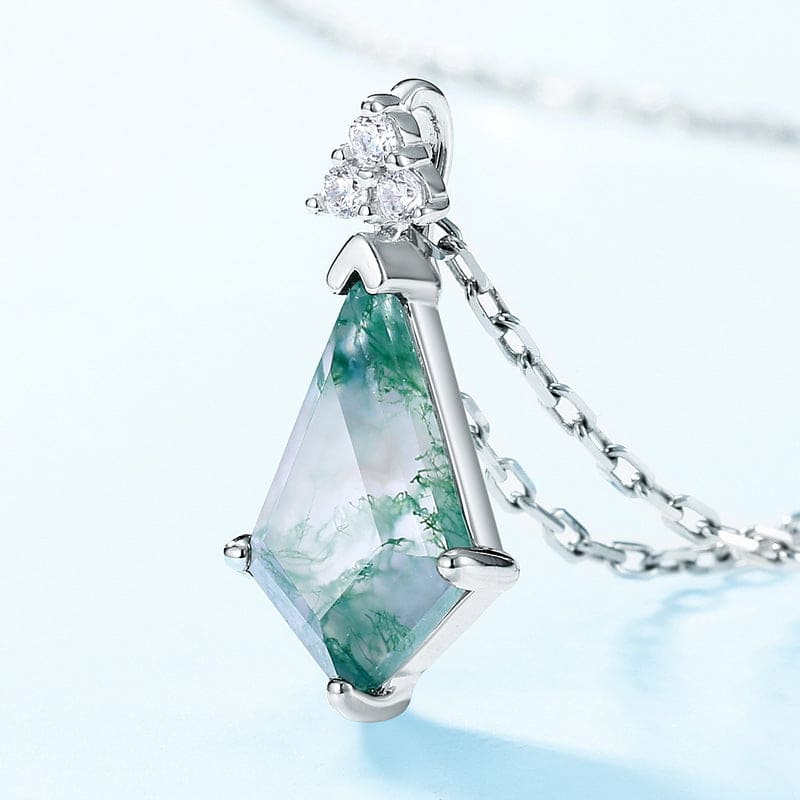 Trillion Cut Natural Moss Agate Point Necklace - S925 Sterling Silver