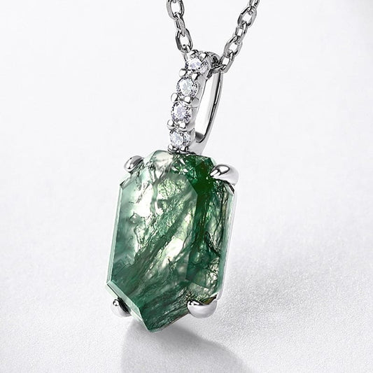 Coffin Cut Natural Moss Agate Column Pendant Necklace - S925 Sterling Silver