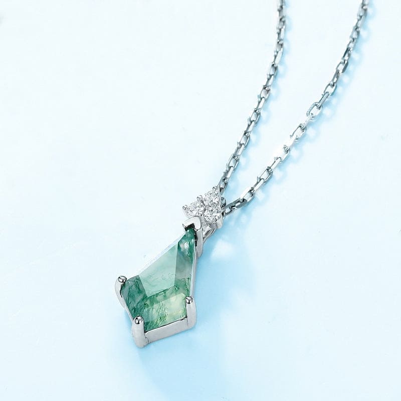 Trillion Cut Natural Moss Agate Point Necklace - S925 Sterling Silver