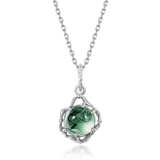 Celtic Knot Natural Moss Agate Pendant Necklace - S925 Sterling Silver
