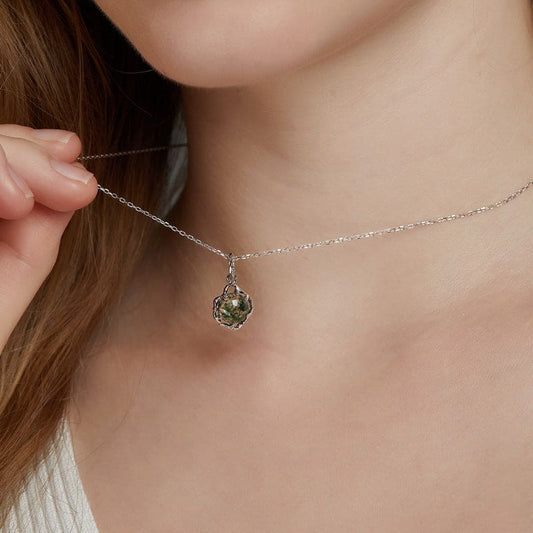 Celtic Knot Natural Moss Agate Pendant Necklace - S925 Sterling Silver