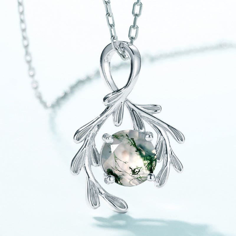 Botanical Embrace Natural Moss Agate Pendant Necklace - S925 Sterling Silver