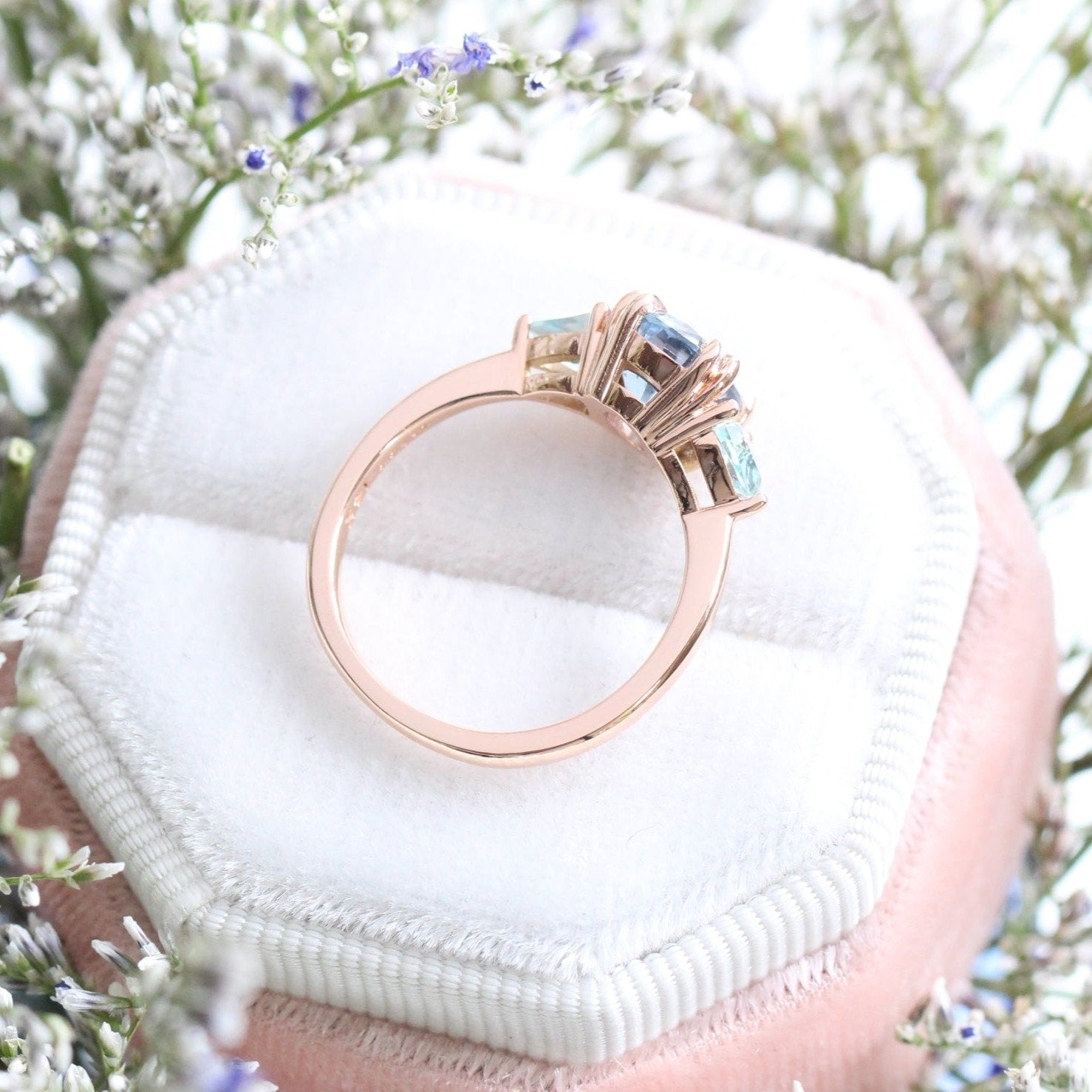 Large Aqua Blue Sapphire Engagement Ring in 14k Rose Gold 3 Stone Ring, Size 6