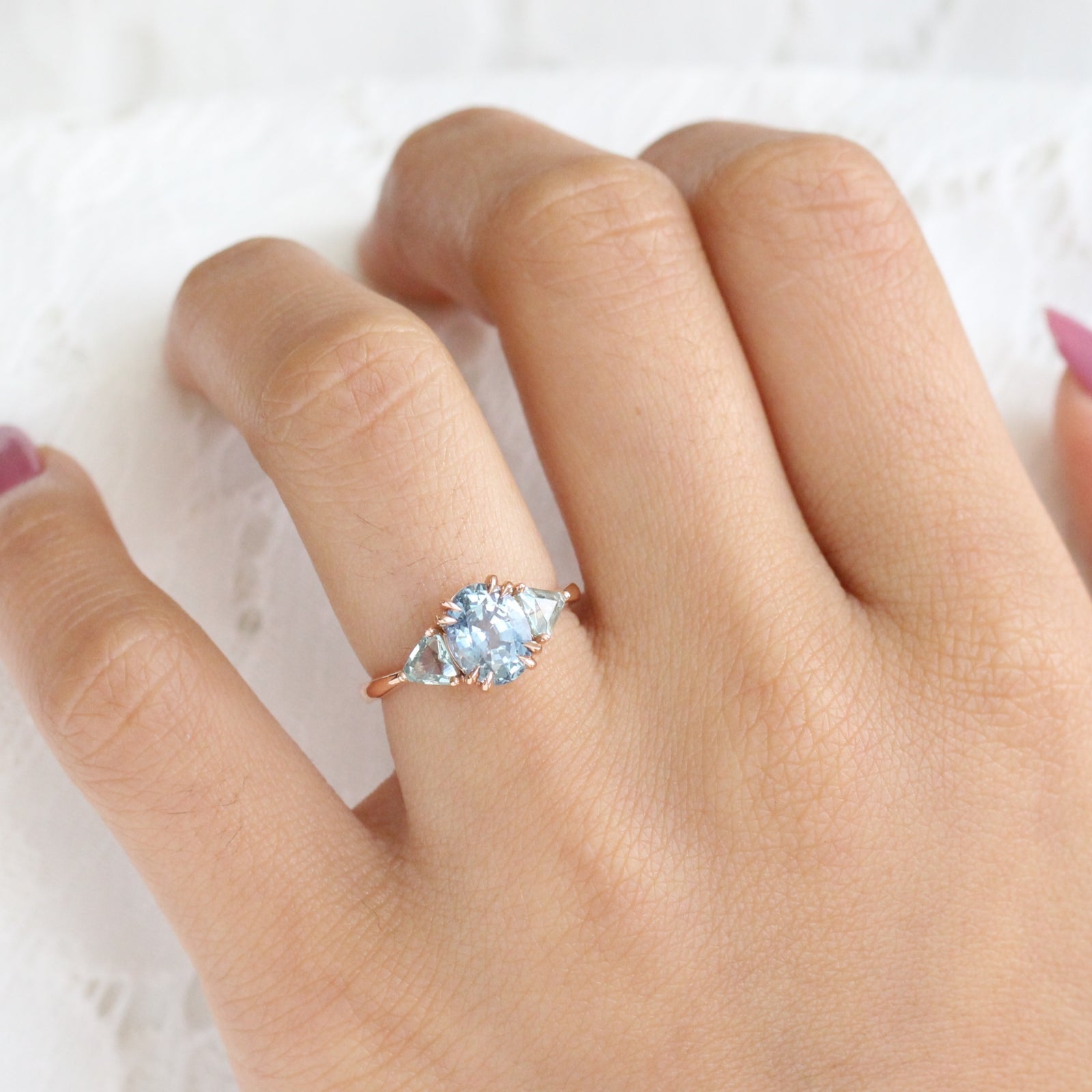 Large Aqua Blue Sapphire Engagement Ring in 14k Rose Gold 3 Stone Ring, Size 6
