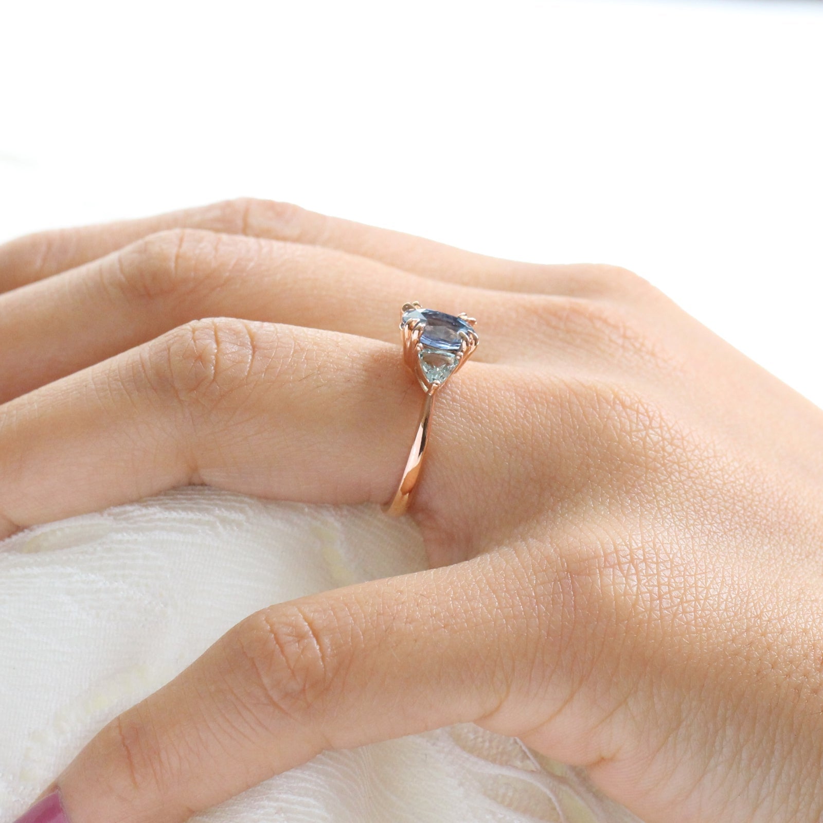 Large Aqua Blue Sapphire Engagement Ring in 14k Rose Gold 3 Stone Ring, Size 6