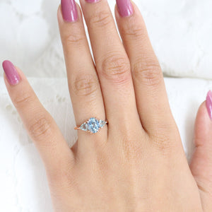 Large Aqua Blue Sapphire Engagement Ring in 14k Rose Gold 3 Stone Ring, Size 6