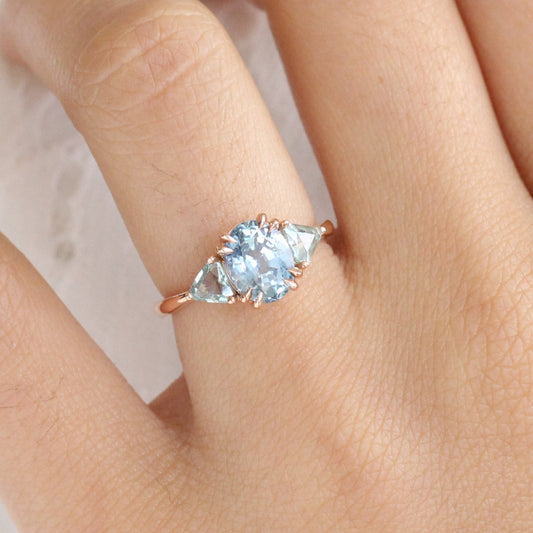 Large Aqua Blue Sapphire Engagement Ring in 14k Rose Gold 3 Stone Ring, Size 6