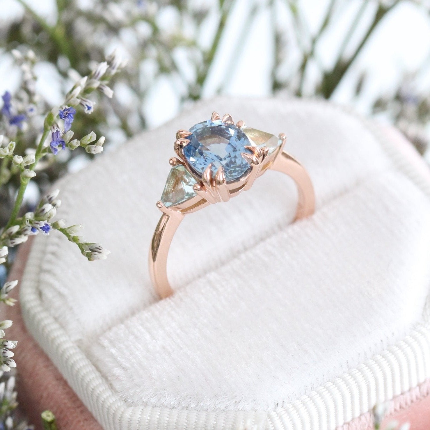 Large Aqua Blue Sapphire Engagement Ring in 14k Rose Gold 3 Stone Ring, Size 6