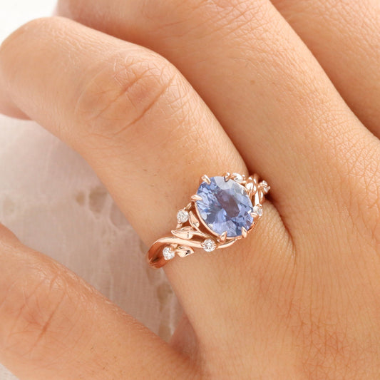 2.66 Ct Oval Aqua Blue Sapphire Ring in 14k Rose Gold Floral Leaf Diamond Band Size 6.5