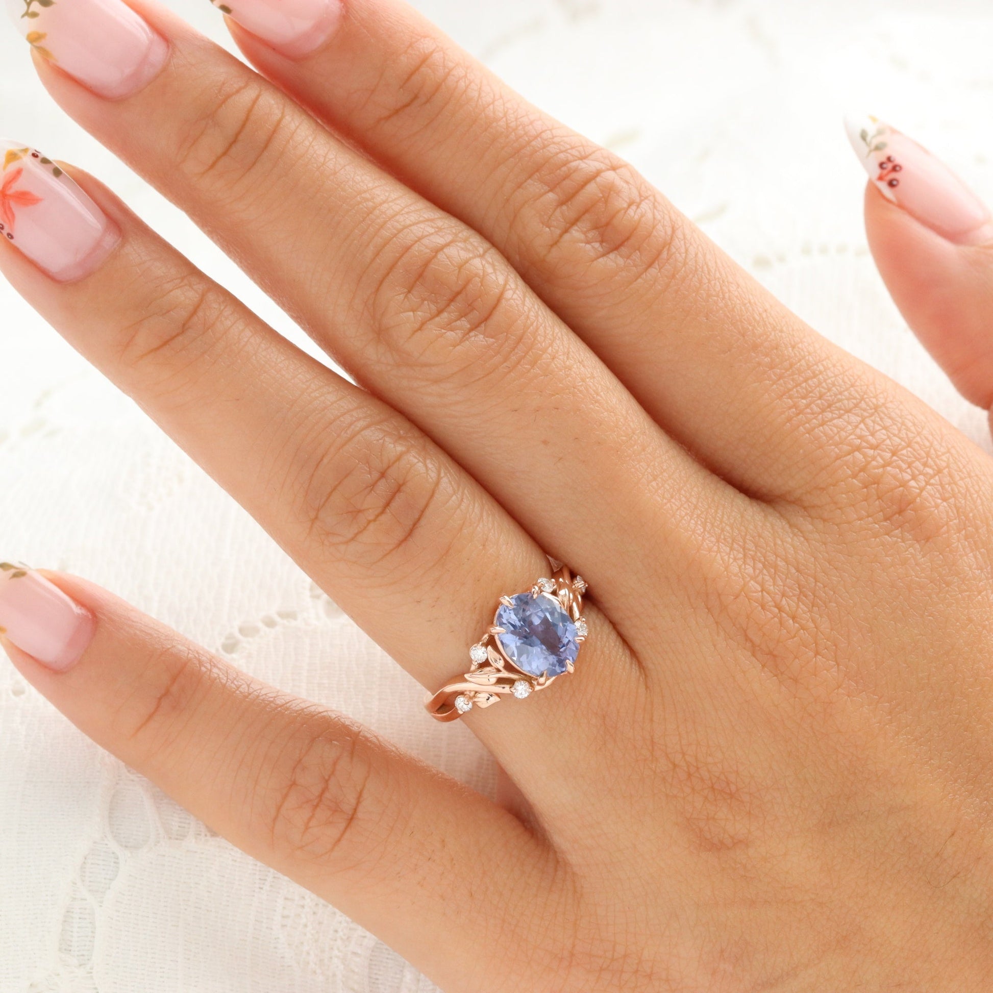 2.66 Ct Oval Aqua Blue Sapphire Ring in 14k Rose Gold Floral Leaf Diamond Band Size 6.5