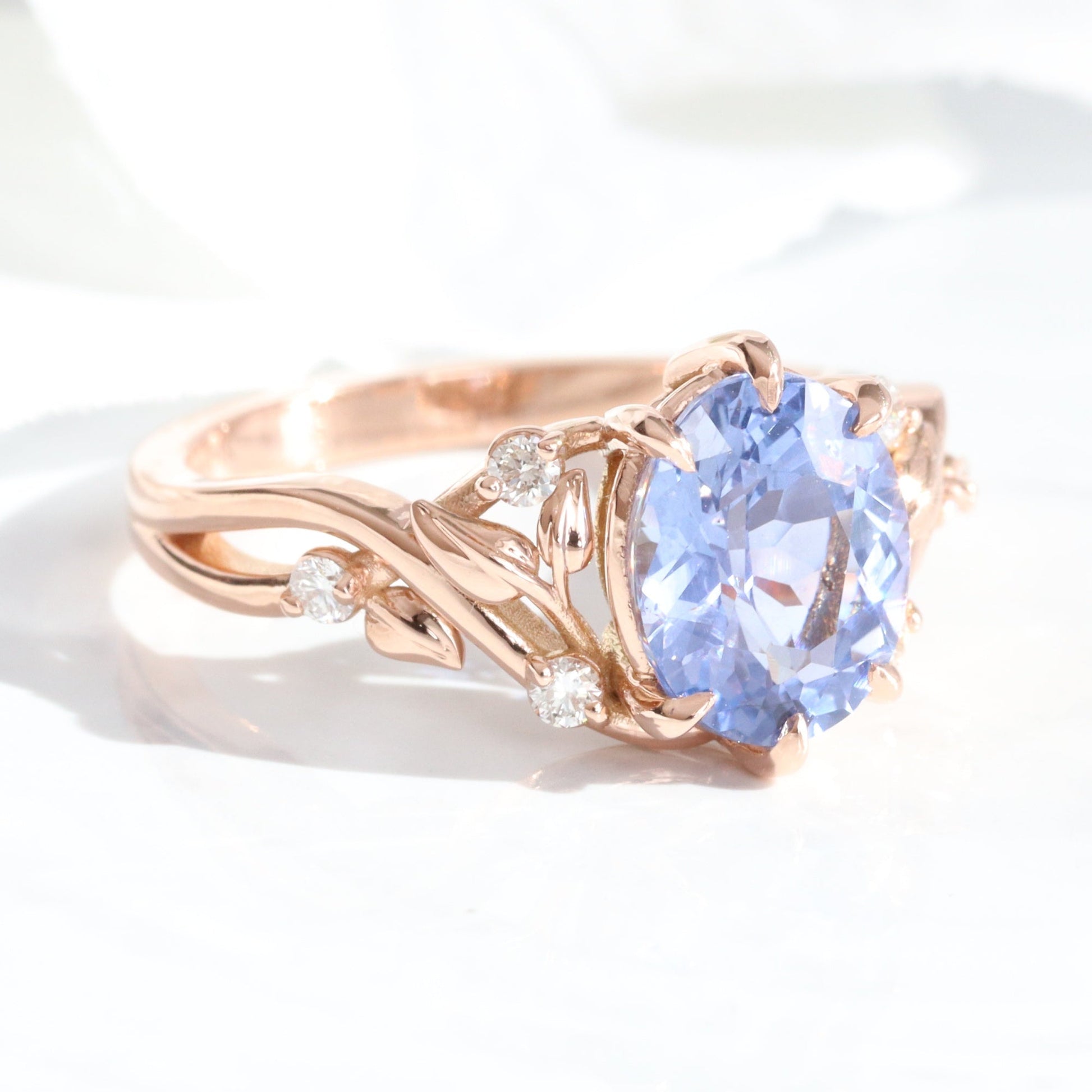 2.66 Ct Oval Aqua Blue Sapphire Ring in 14k Rose Gold Floral Leaf Diamond Band Size 6.5