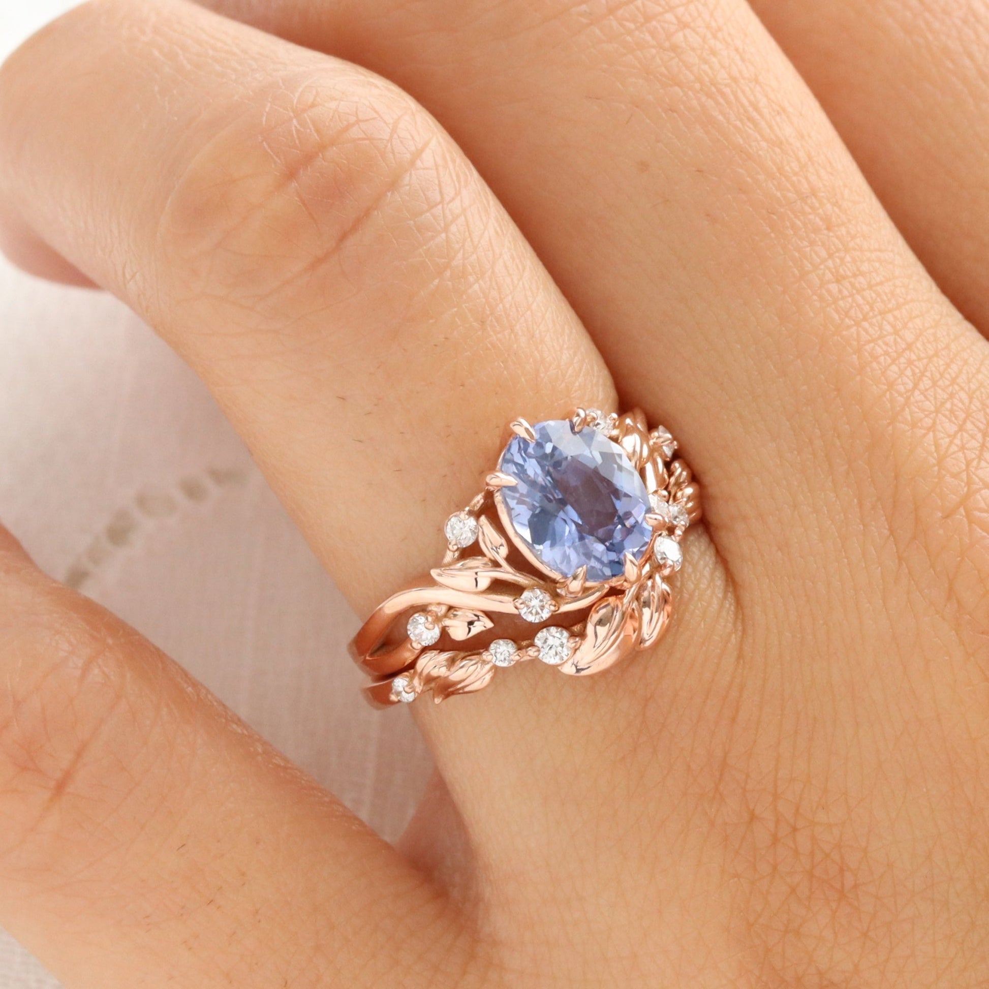 2.66 Ct Oval Aqua Blue Sapphire Ring in 14k Rose Gold Floral Leaf Diamond Band Size 6.5