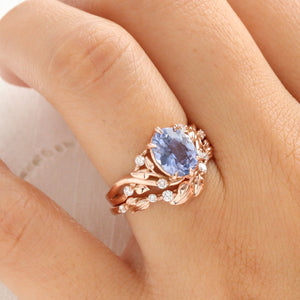 2.66 Ct Oval Aqua Blue Sapphire Ring in 14k Rose Gold Floral Leaf Diamond Band Size 6.5