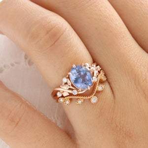 2.66 Ct Oval Aqua Blue Sapphire Ring in 14k Rose Gold Floral Leaf Diamond Band Size 6.5