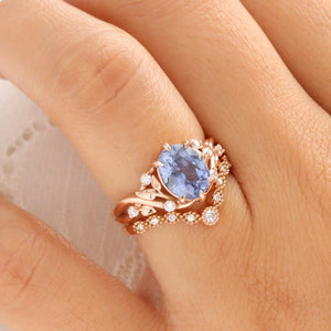 2.66 Ct Oval Aqua Blue Sapphire Ring in 14k Rose Gold Floral Leaf Diamond Band Size 6.5