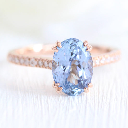 2.9 Ct Large Oval Aqua Blue Sapphire Ring in 14k Rose Gold Pave Diamond Band, Size 6.25