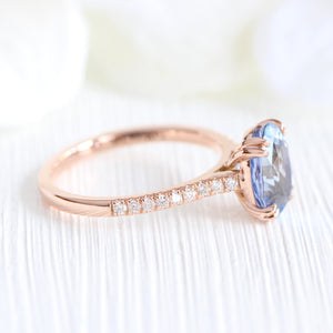 2.9 Ct Large Oval Aqua Blue Sapphire Ring in 14k Rose Gold Pave Diamond Band, Size 6.25