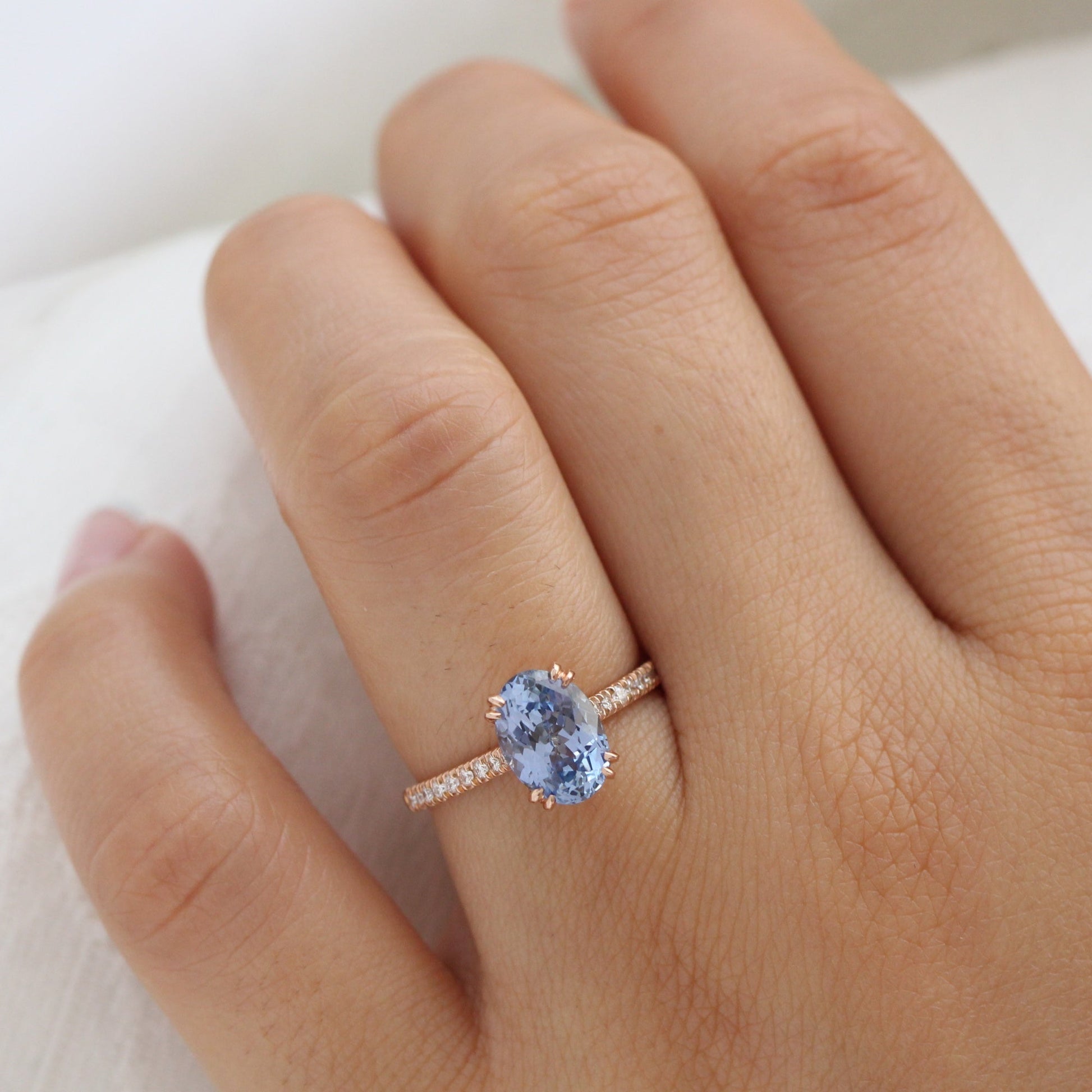 2.9 Ct Large Oval Aqua Blue Sapphire Ring in 14k Rose Gold Pave Diamond Band, Size 6.25