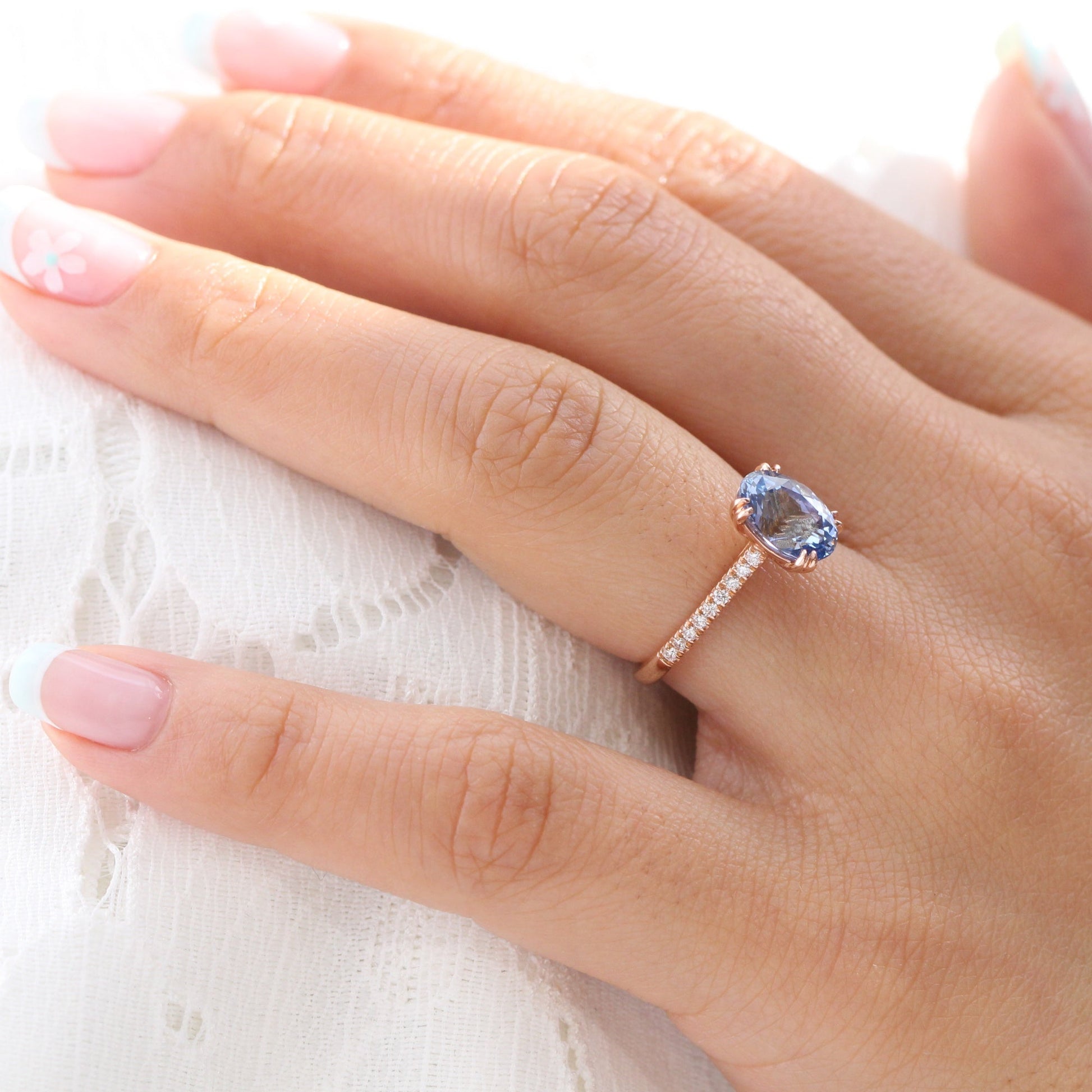 2.9 Ct Large Oval Aqua Blue Sapphire Ring in 14k Rose Gold Pave Diamond Band, Size 6.25