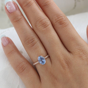 2.9 Ct Large Oval Aqua Blue Sapphire Ring in 14k Rose Gold Pave Diamond Band, Size 6.25