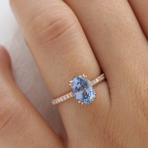 2.9 Ct Large Oval Aqua Blue Sapphire Ring in 14k Rose Gold Pave Diamond Band, Size 6.25