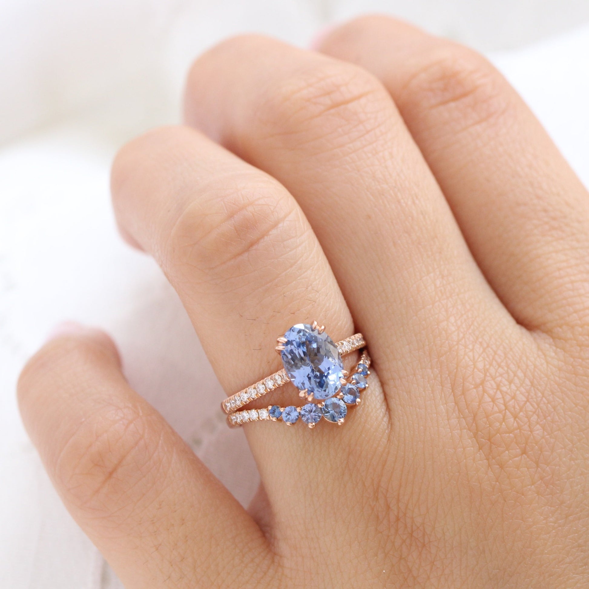 2.9 Ct Large Oval Aqua Blue Sapphire Ring in 14k Rose Gold Pave Diamond Band, Size 6.25