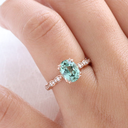 Oval Green Sapphire Solitaire Ring in 14k Rose Gold Diamond Band, Size 6.25
