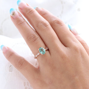 Oval Green Sapphire Solitaire Ring in 14k Rose Gold Diamond Band, Size 6.25