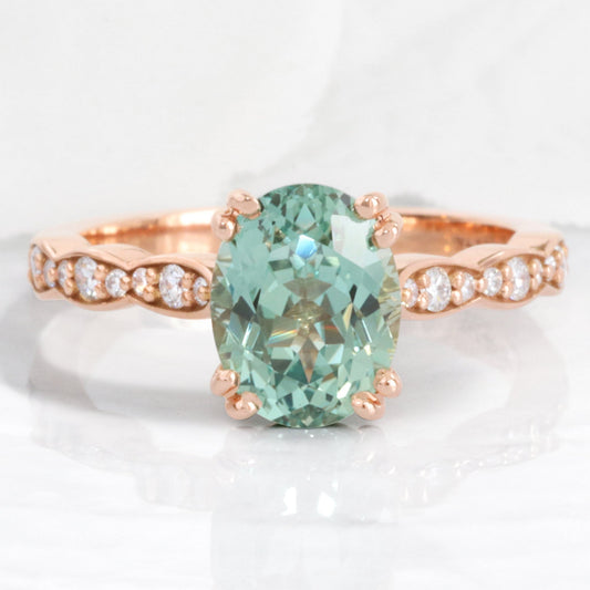 Oval Green Sapphire Solitaire Ring in 14k Rose Gold Diamond Band, Size 6.25