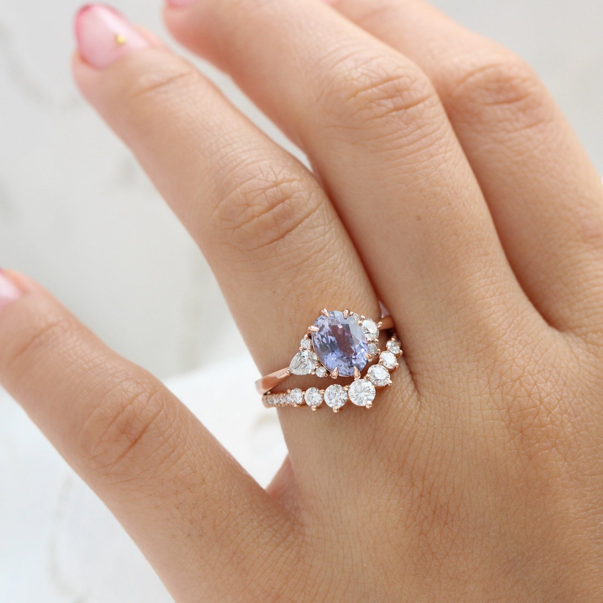 2.68 Ct Large Lavender Sapphire Ring in 14k Rose Gold Cluster Diamond Ring, Size 6.5