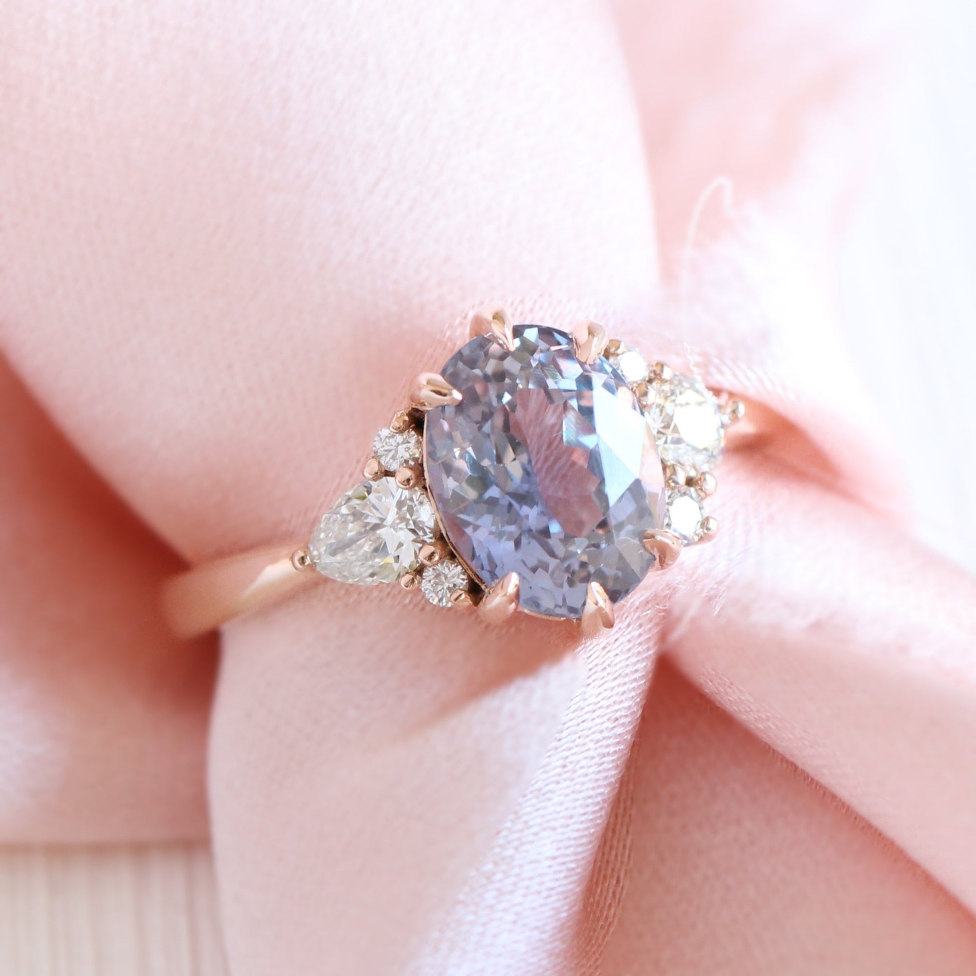 2.68 Ct Large Lavender Sapphire Ring in 14k Rose Gold Cluster Diamond Ring, Size 6.5
