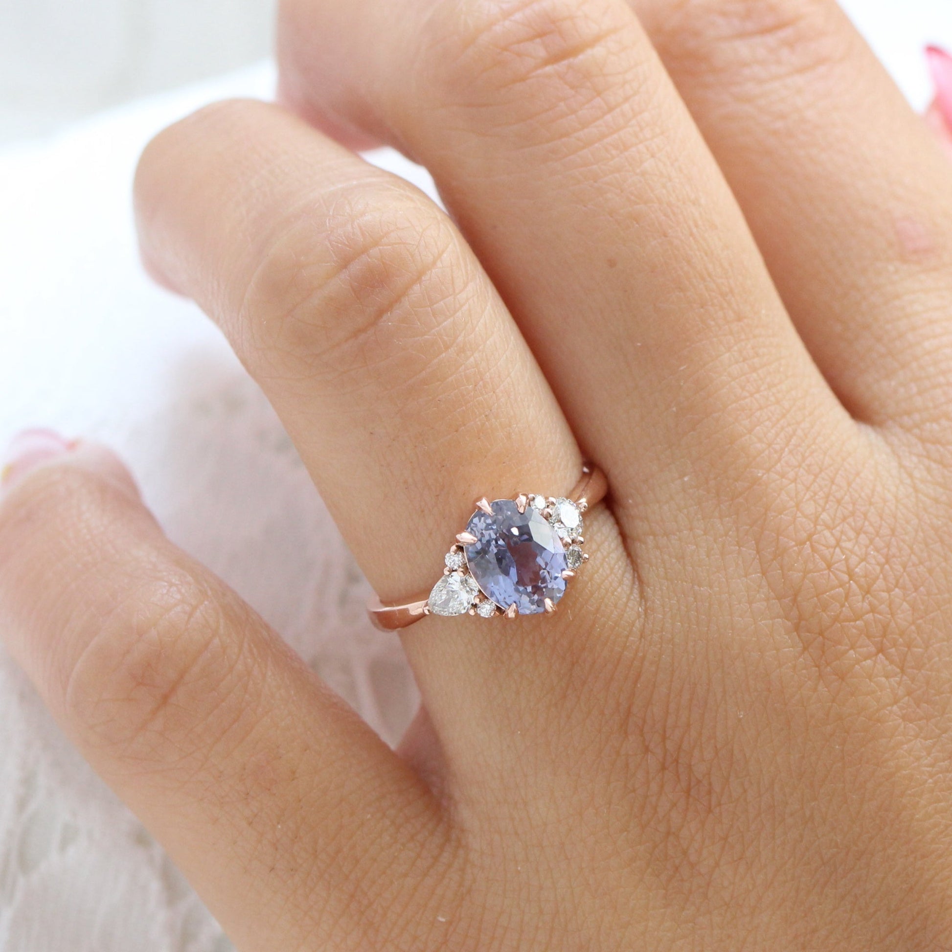 2.68 Ct Large Lavender Sapphire Ring in 14k Rose Gold Cluster Diamond Ring, Size 6.5