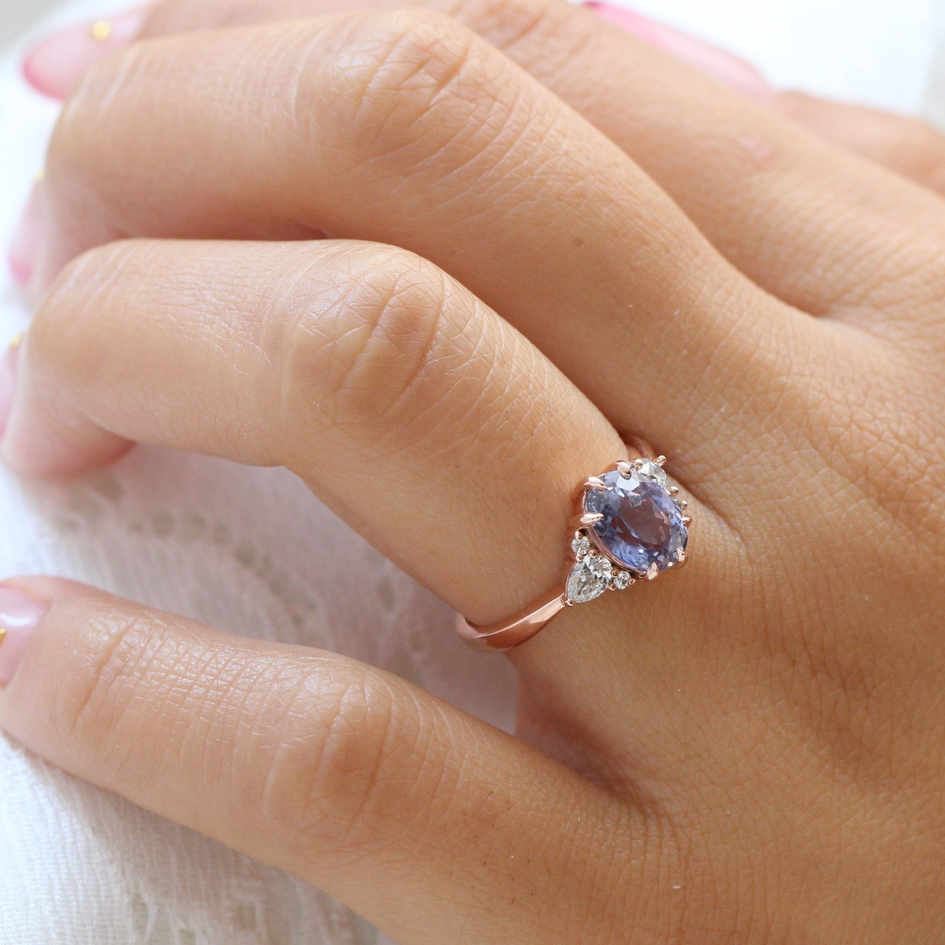 2.68 Ct Large Lavender Sapphire Ring in 14k Rose Gold Cluster Diamond Ring, Size 6.5