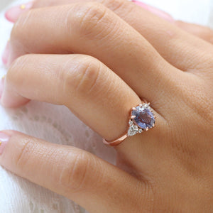 2.68 Ct Large Lavender Sapphire Ring in 14k Rose Gold Cluster Diamond Ring, Size 6.5