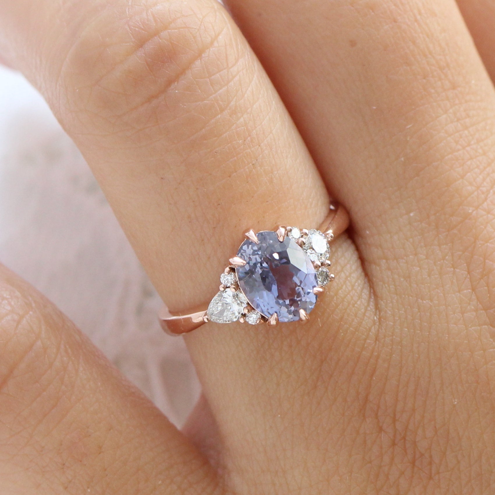 2.68 Ct Large Lavender Sapphire Ring in 14k Rose Gold Cluster Diamond Ring, Size 6.5