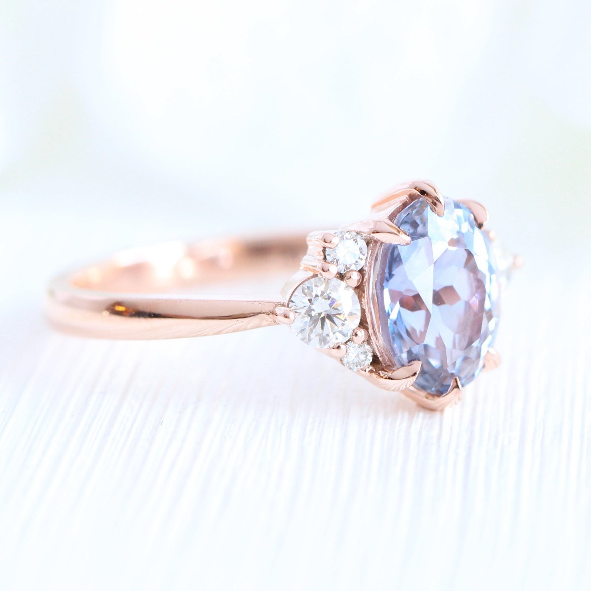 2.68 Ct Large Lavender Sapphire Ring in 14k Rose Gold Cluster Diamond Ring, Size 6.5