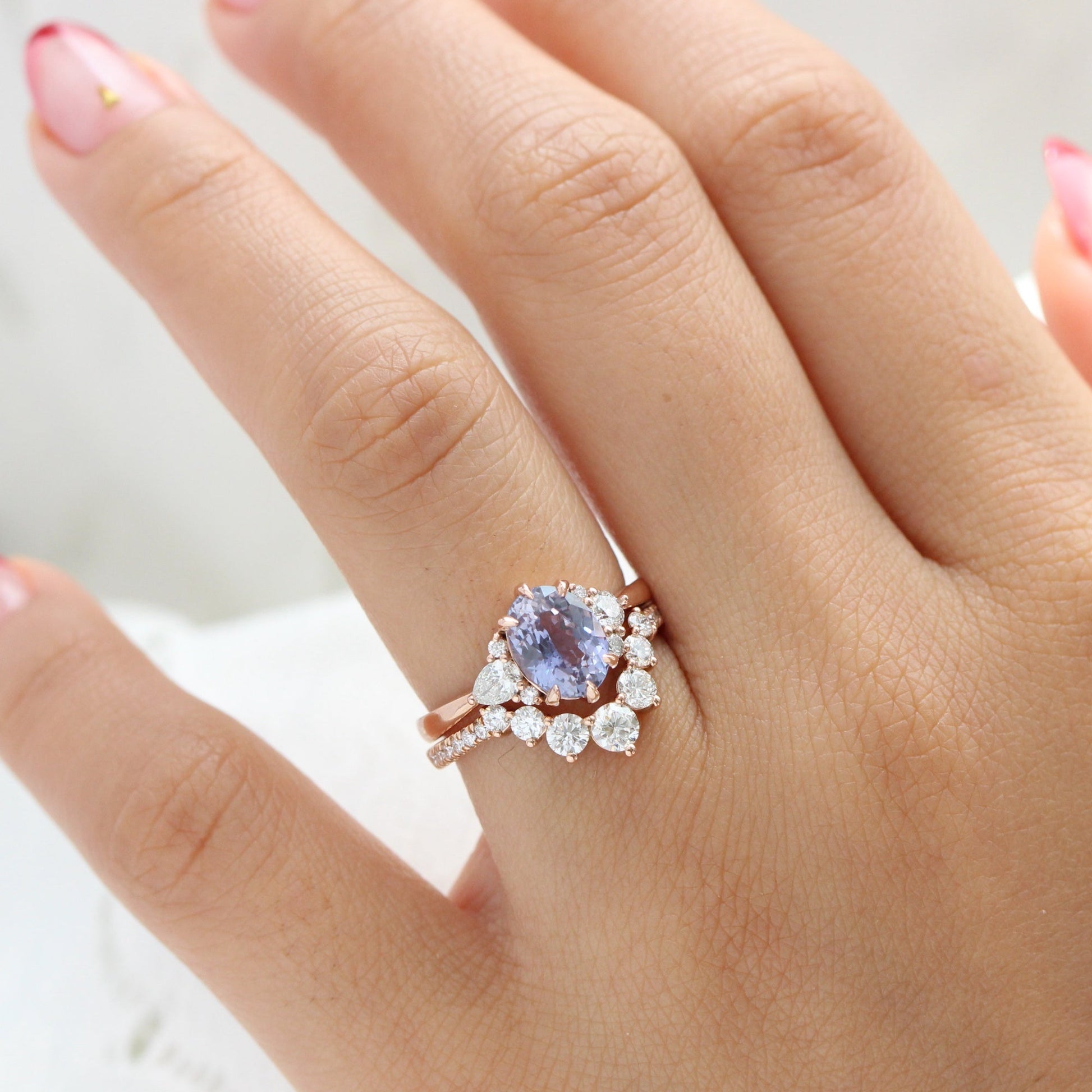 2.68 Ct Large Lavender Sapphire Ring in 14k Rose Gold Cluster Diamond Ring, Size 6.5