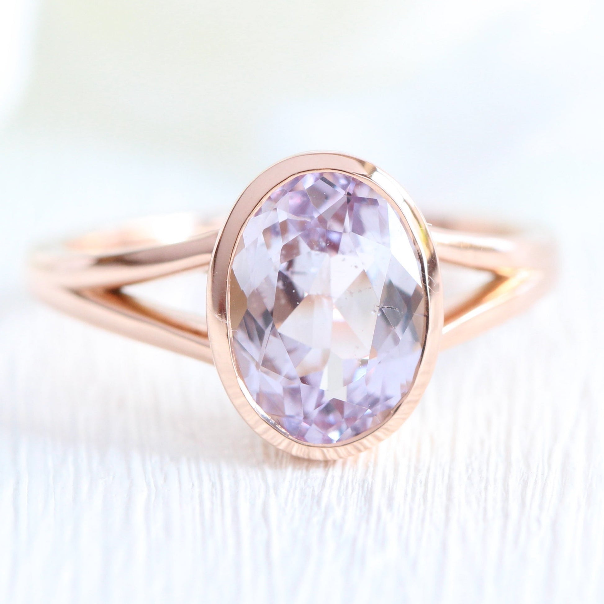 2.30 Ct Large Lavender Sapphire Ring in 14k Rose Gold Oval Bezel Ring, Size 6.25