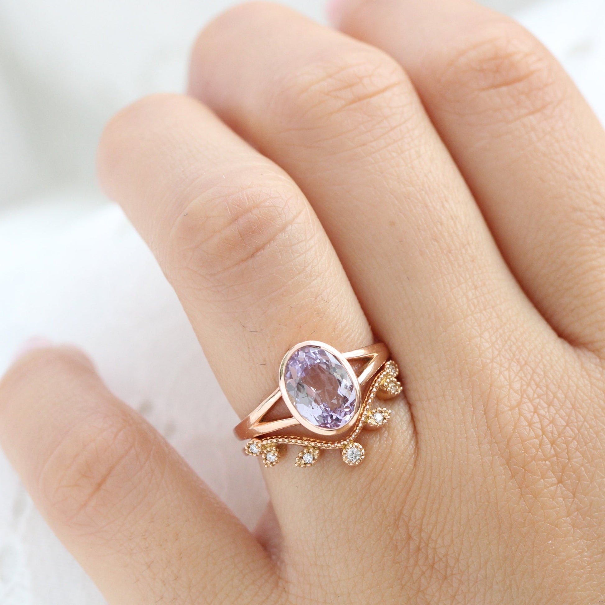 2.30 Ct Large Lavender Sapphire Ring in 14k Rose Gold Oval Bezel Ring, Size 6.25